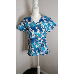 Disney Frozen Olaf Scrub Top Blue V-Neck Short Sleeve SLL46700TD XS